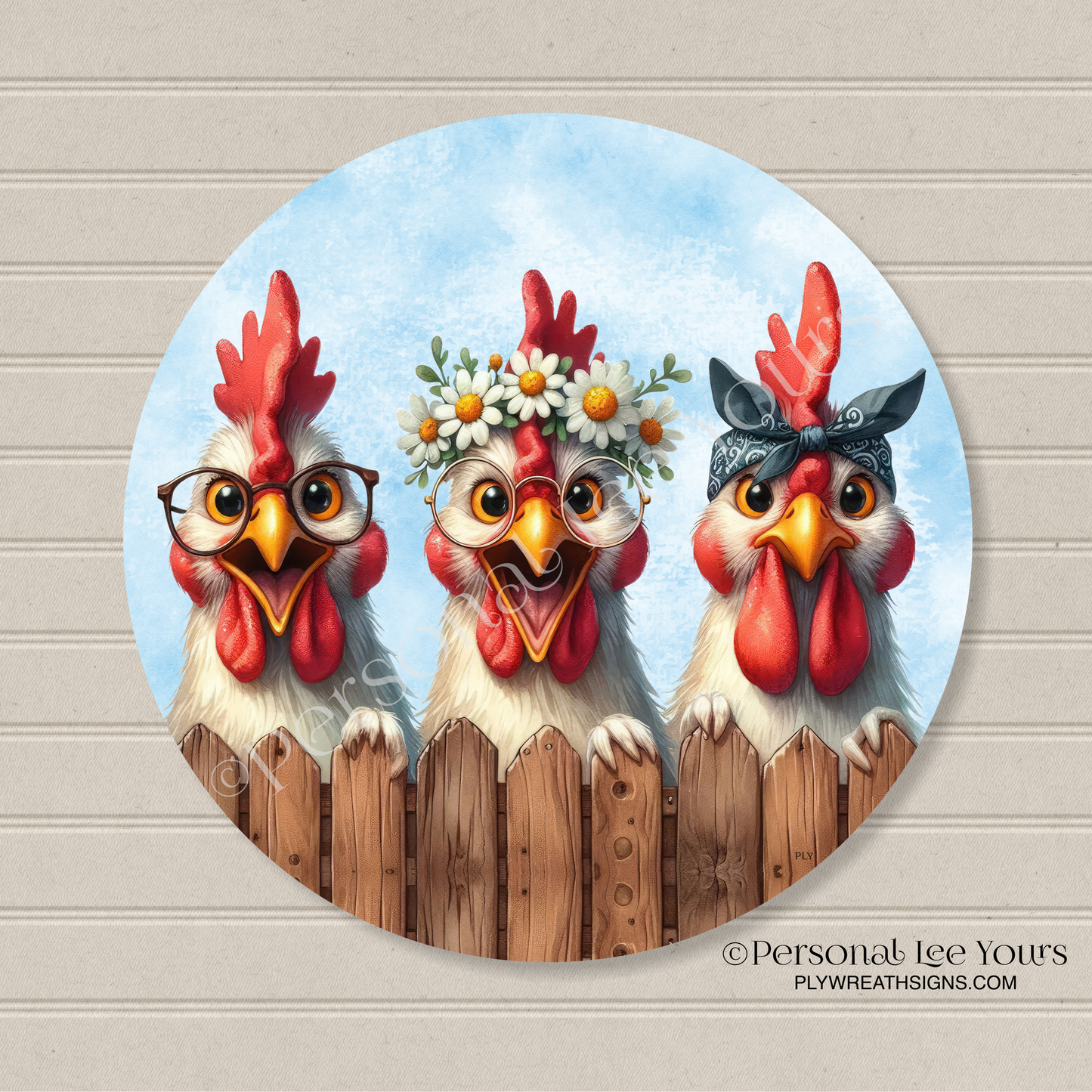 Wreath Sign * Funny Roosters * Round * Lightweight Metal