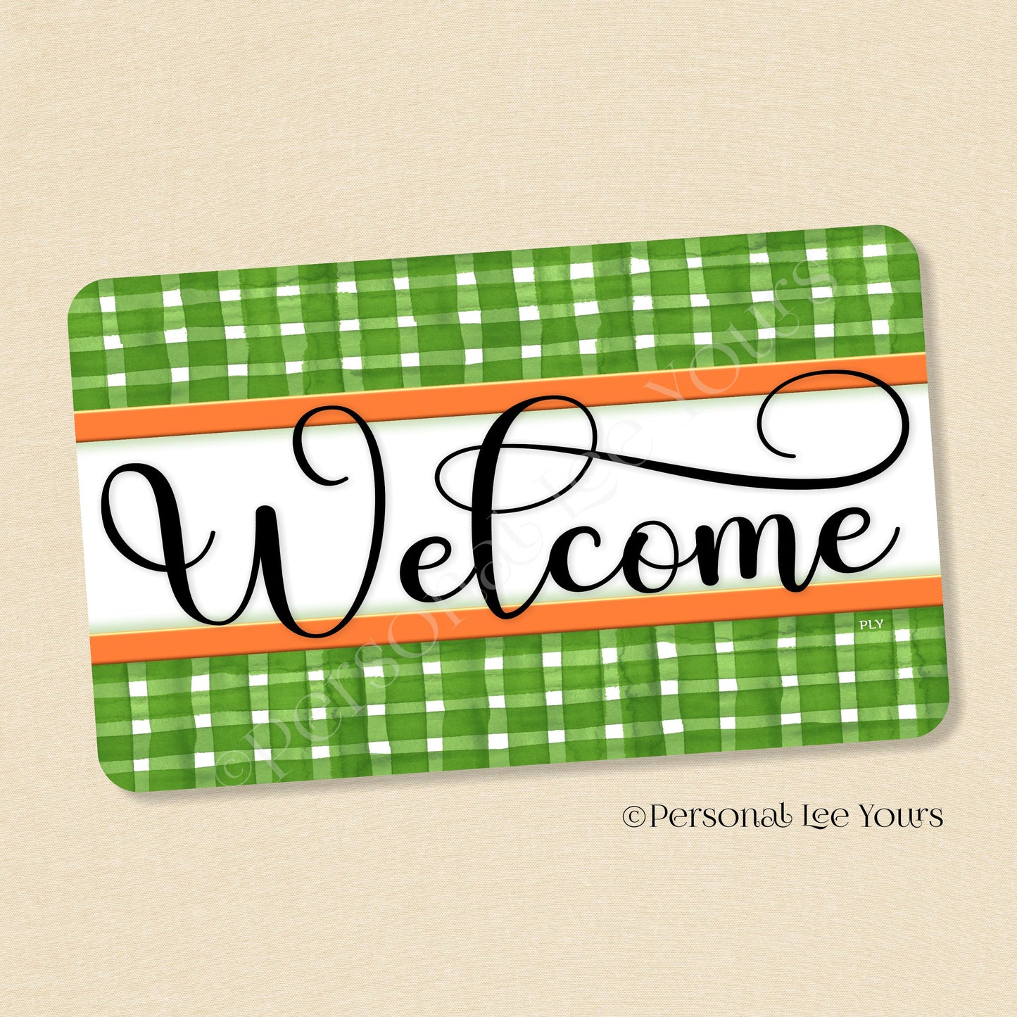 Simple Welcome Wreath Sign * Gingham Welcome * Green/Orange * Horizontal * Lightweight Metal