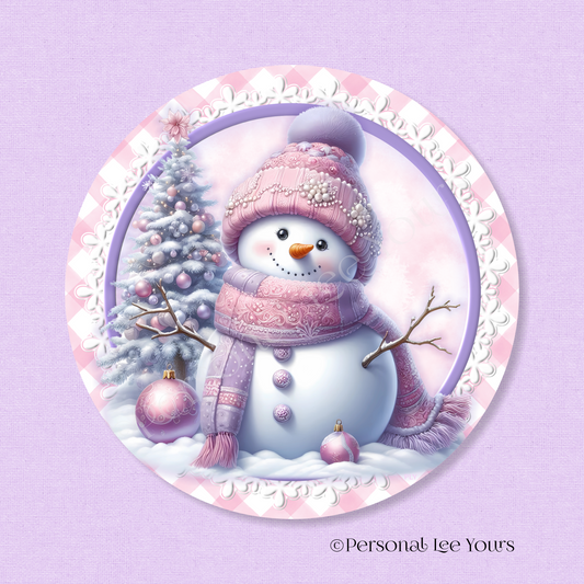 Holiday Wreath Sign * Gingham Snowman Pink and Purple * Round * Lightweight Metal