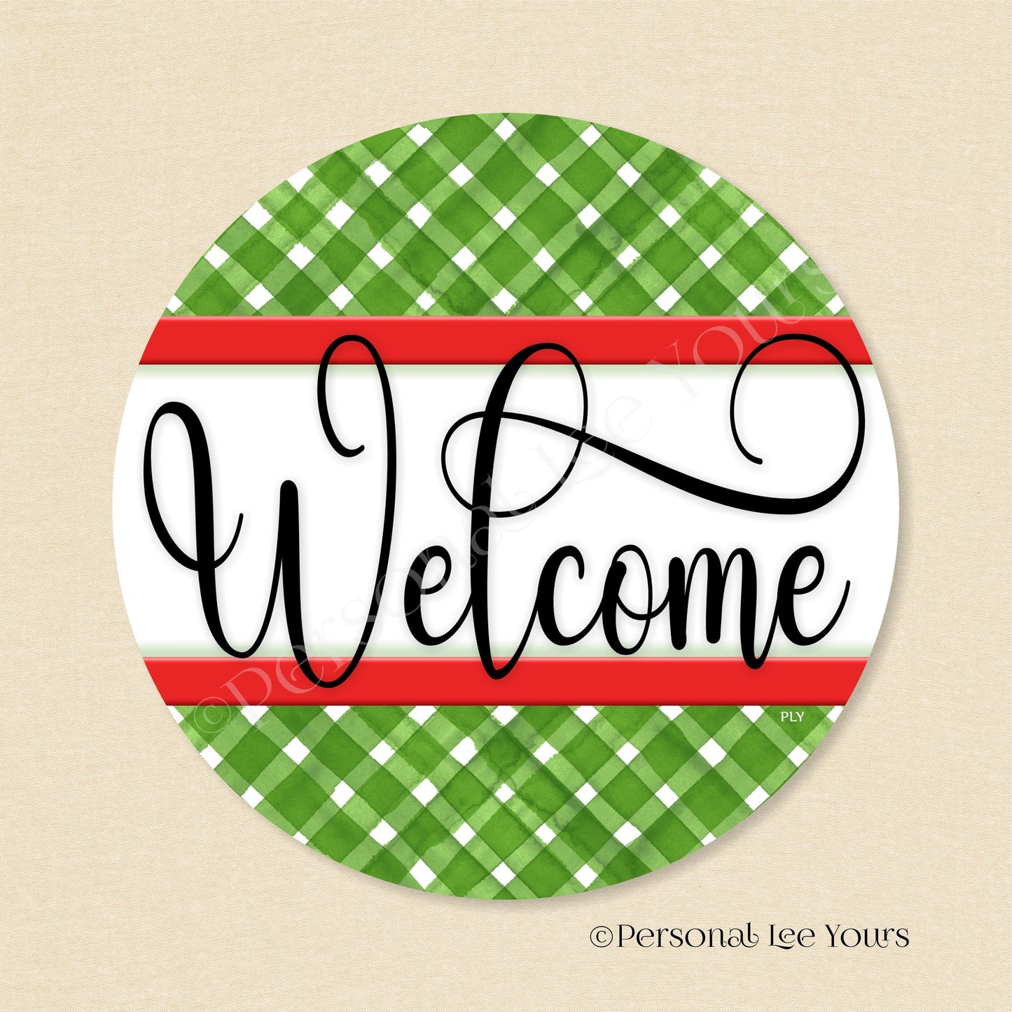 Simple Welcome Wreath Sign * Gingham Welcome * Green/Red * Round * Lightweight Metal