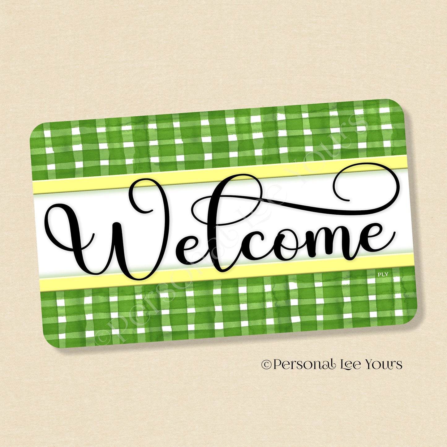 Simple Welcome Wreath Sign * Gingham Welcome * Green/Yellow * Horizontal * Lightweight Metal