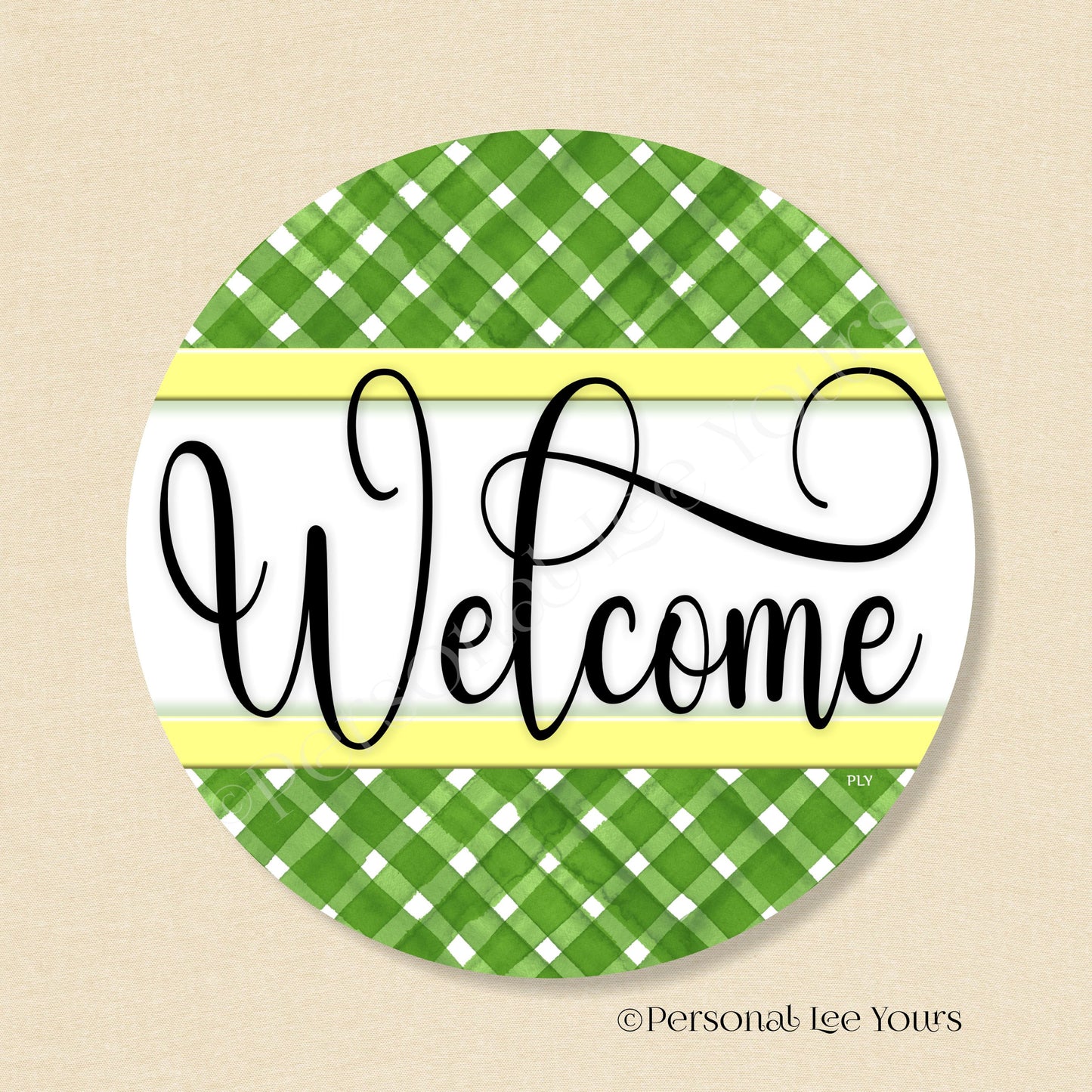 Simple Welcome Wreath Sign * Gingham Welcome * Green/Yellow * Round * Lightweight Metal