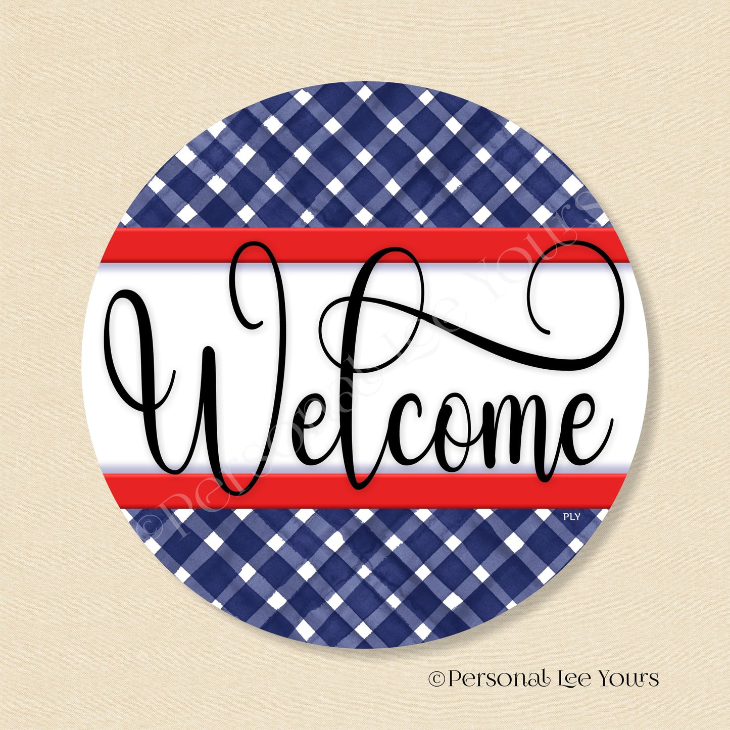 Simple Welcome Wreath Sign * Gingham Welcome * Navy/Red * Round * Lightweight Metal