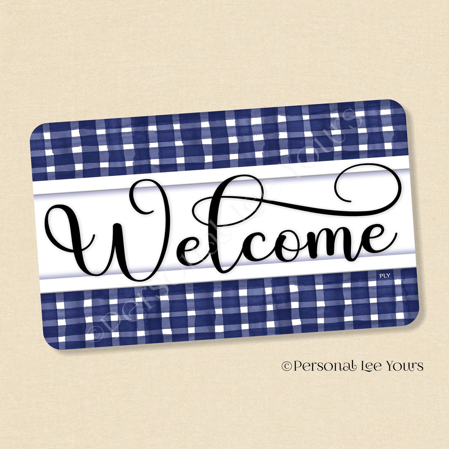 Simple Welcome Wreath Sign * Gingham Welcome * Navy/White * Horizontal * Lightweight Metal