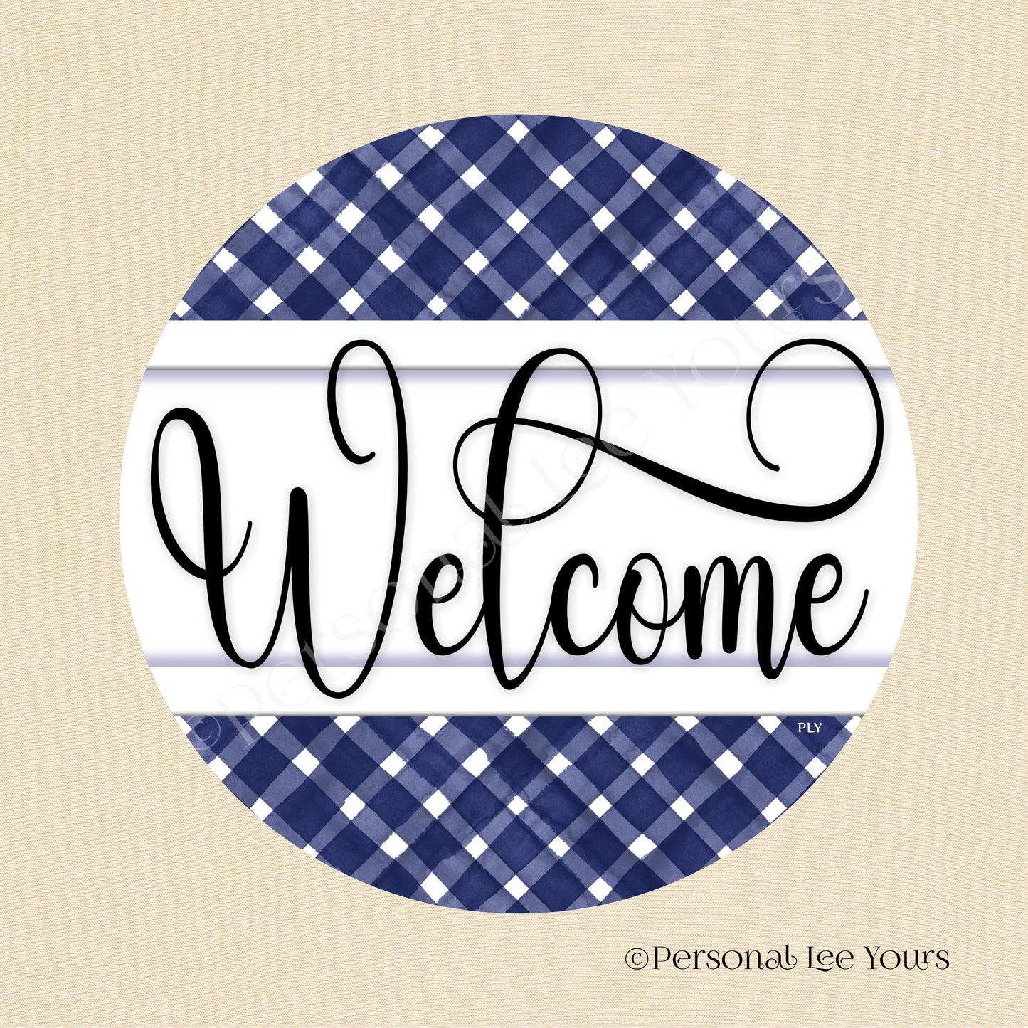 Simple Welcome Wreath Sign * Gingham Welcome * Navy/White * Round * Lightweight Metal