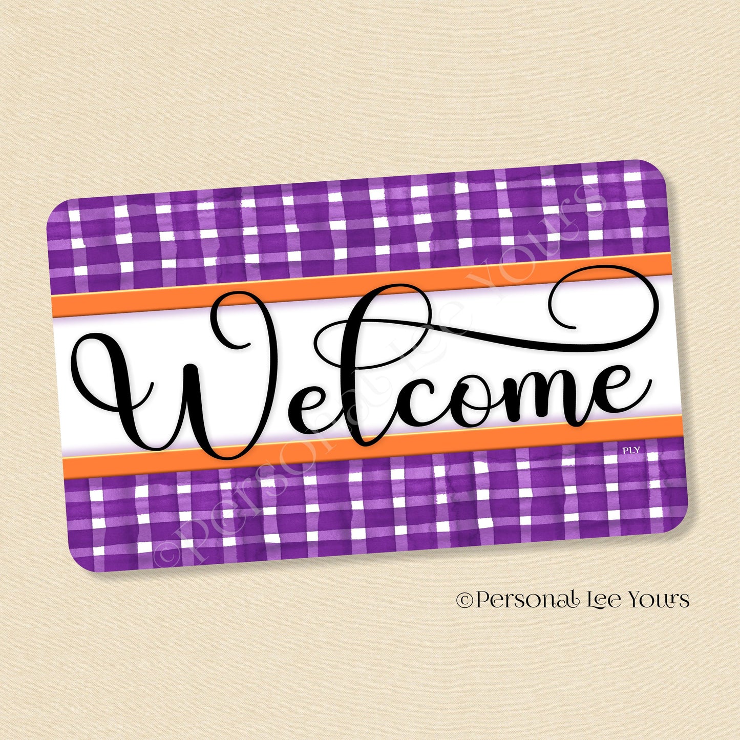 Simple Welcome Wreath Sign * Gingham Welcome * Purple/Orange * Horizontal * Lightweight Metal