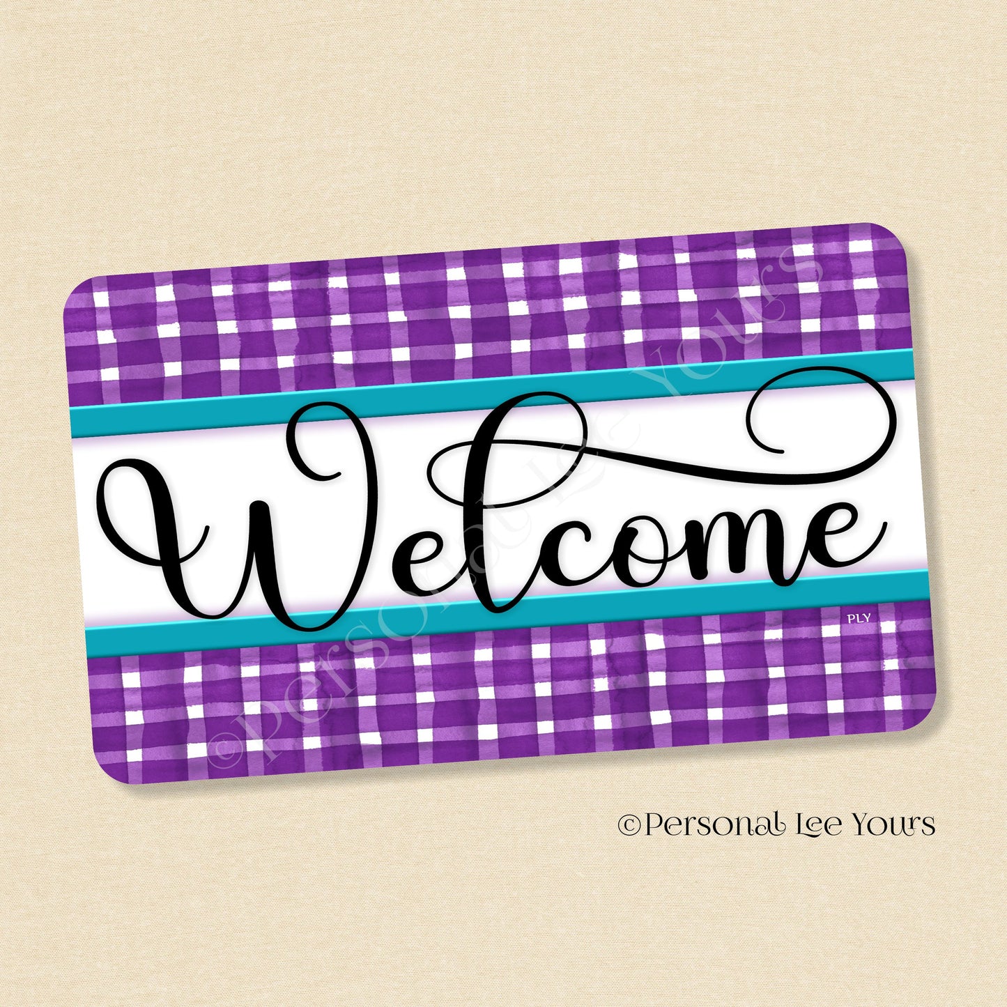 Simple Welcome Wreath Sign * Gingham Welcome * Purple/Teal * Horizontal * Lightweight Metal