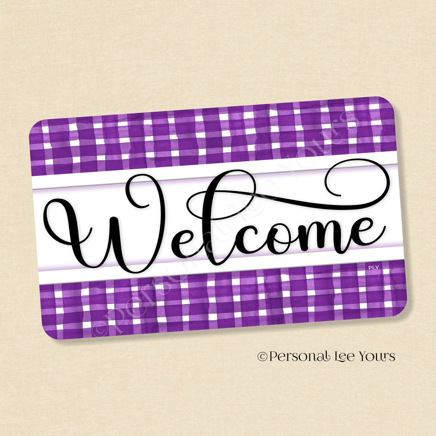 Simple Welcome Wreath Sign * Gingham Welcome * Purple/White * Horizontal * Lightweight Metal