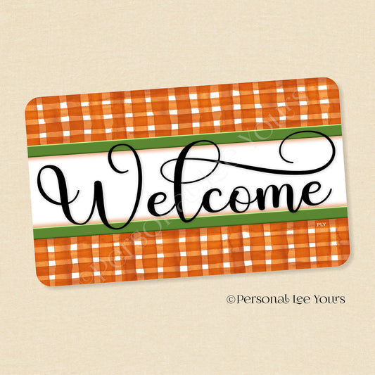Simple Welcome Wreath Sign * Gingham Welcome * Rust/Green * Horizontal * Lightweight Metal