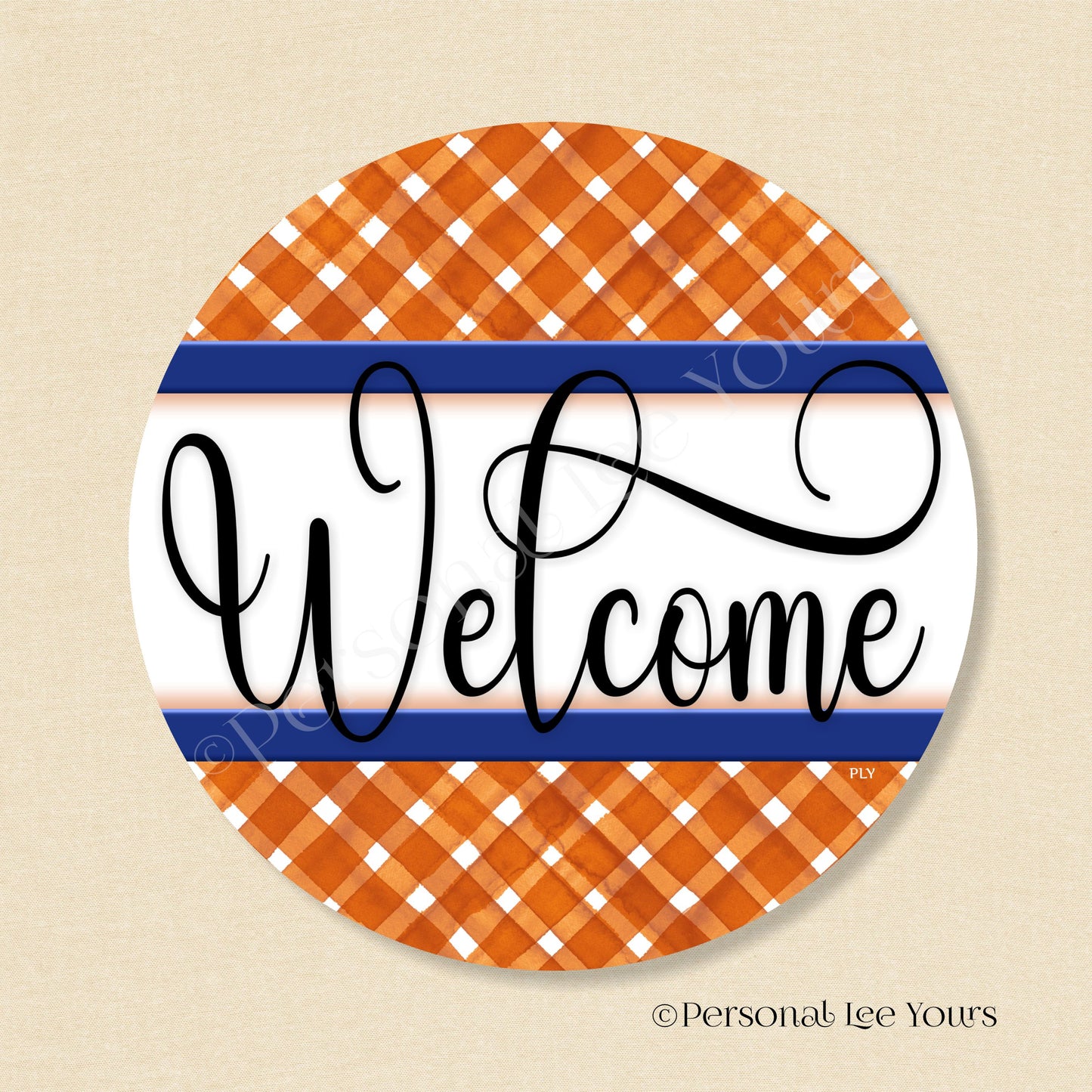 Simple Welcome Wreath Sign * Gingham Welcome * Rust/Navy * Round * Lightweight Metal