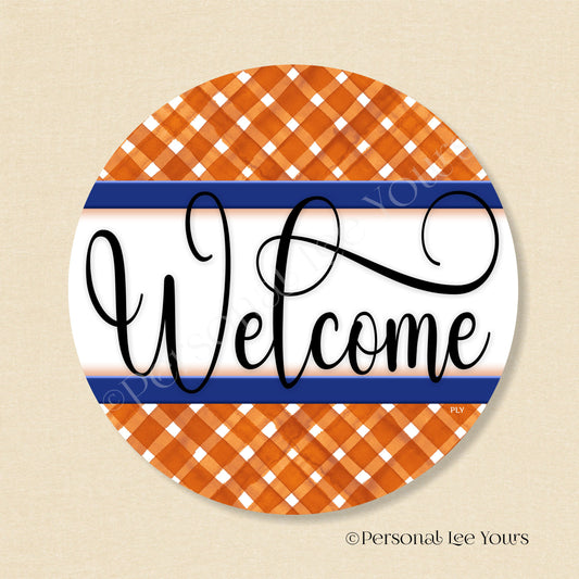 Simple Welcome Wreath Sign * Gingham Welcome * Rust/Navy * Round * Lightweight Metal