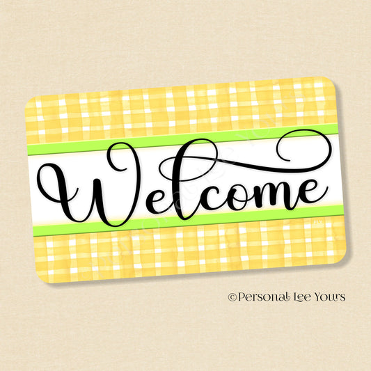 Simple Welcome Wreath Sign * Gingham Welcome * Yellow/Lime * Horizontal * Lightweight Metal