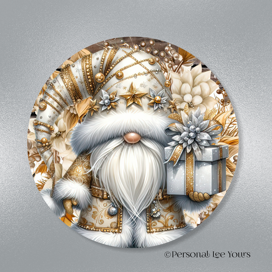 Christmas Wreath Sign * Gnome Silver And Gold * Round * Lightweight Metal