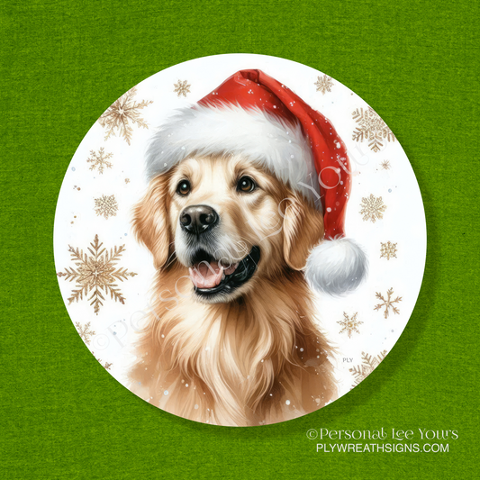 Holiday Wreath Sign * Golden Retriever Christmas * Round * Lightweight Metal