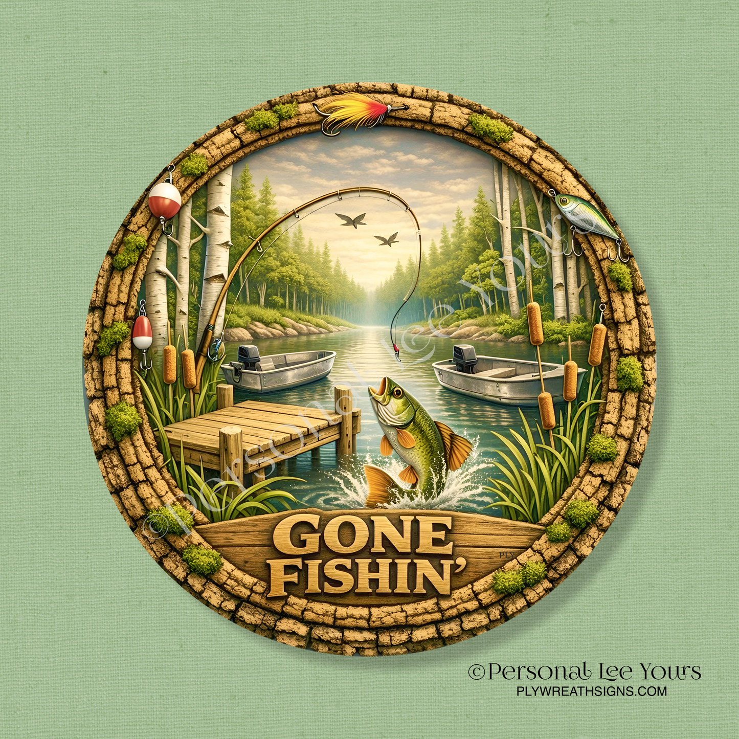Wreath Sign * Gone Fishin' * Round * Lightweight Metal