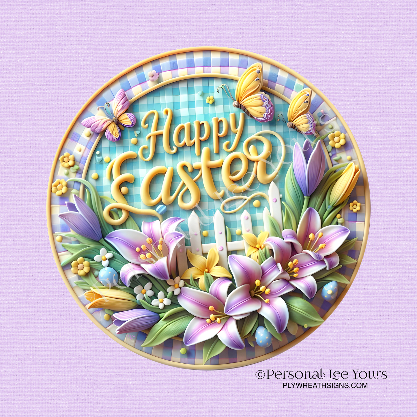 Wreath Sign * Happy Easter Lilies * Round * Lightweight Metal