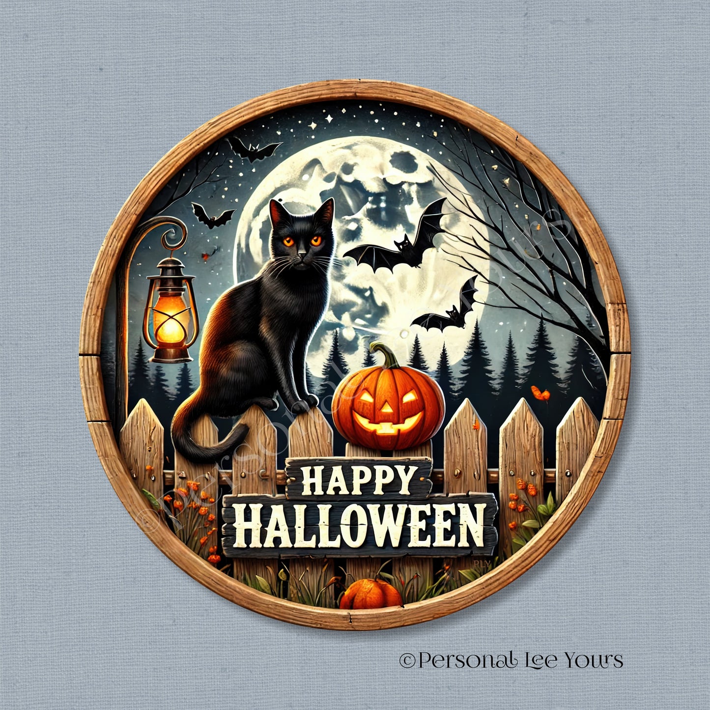 Wreath Sign * Happy Halloween, Black Cat * Round * Lightweight Metal