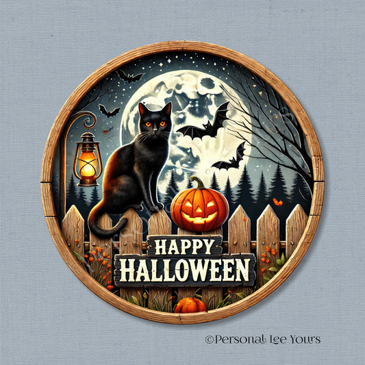 Wreath Sign * Happy Halloween, Black Cat * Round * Lightweight Metal