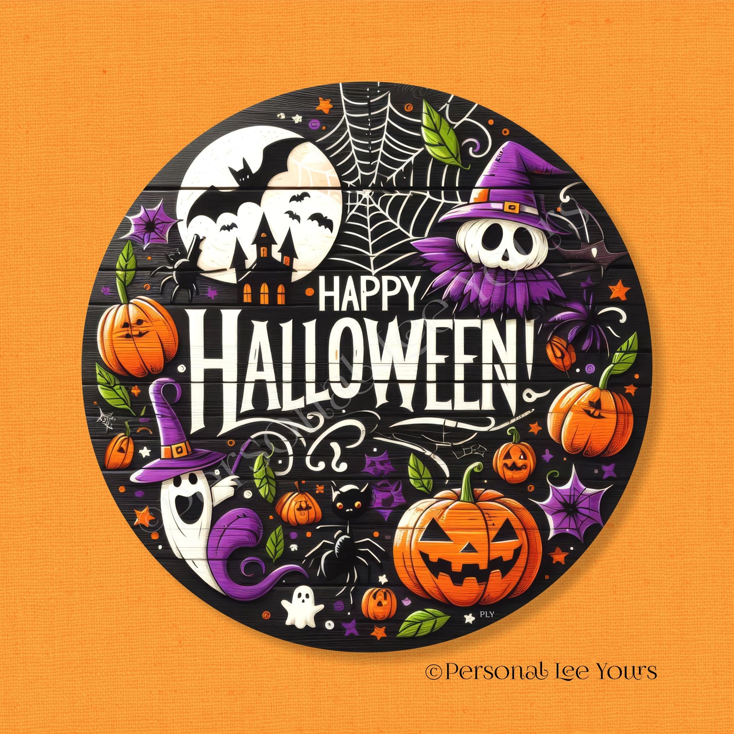 Wreath Sign * Happy Halloween Dark Background * Round * Lightweight Metal