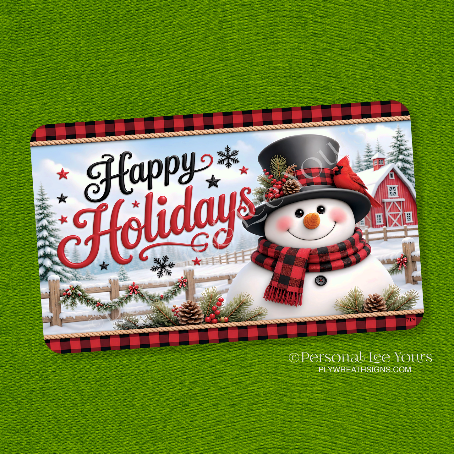 Wreath Sign * Happy Holidays Red and Black Snowman * Horizontal *  3 Sizes * Lightweight Metal