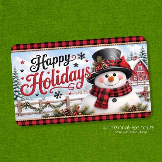 Wreath Sign * Happy Holidays Red and Black Snowman * Horizontal *  3 Sizes * Lightweight Metal