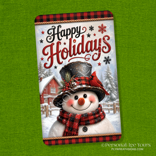 Wreath Sign * Happy Holidays Red and Black Snowman * Vertical *  3 Sizes * Lightweight Metal