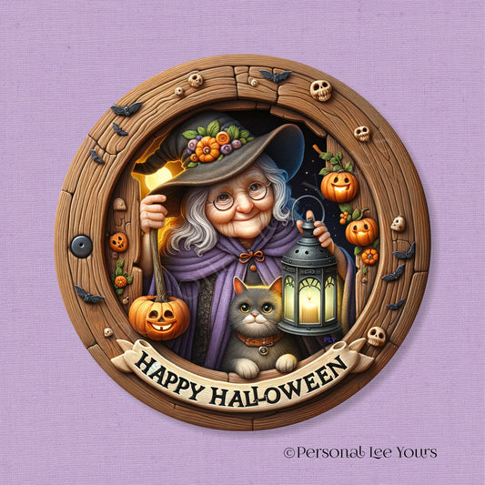 Wreath Sign * Happy Halloween, Wilhelmina Witch * Round * Lightweight Metal