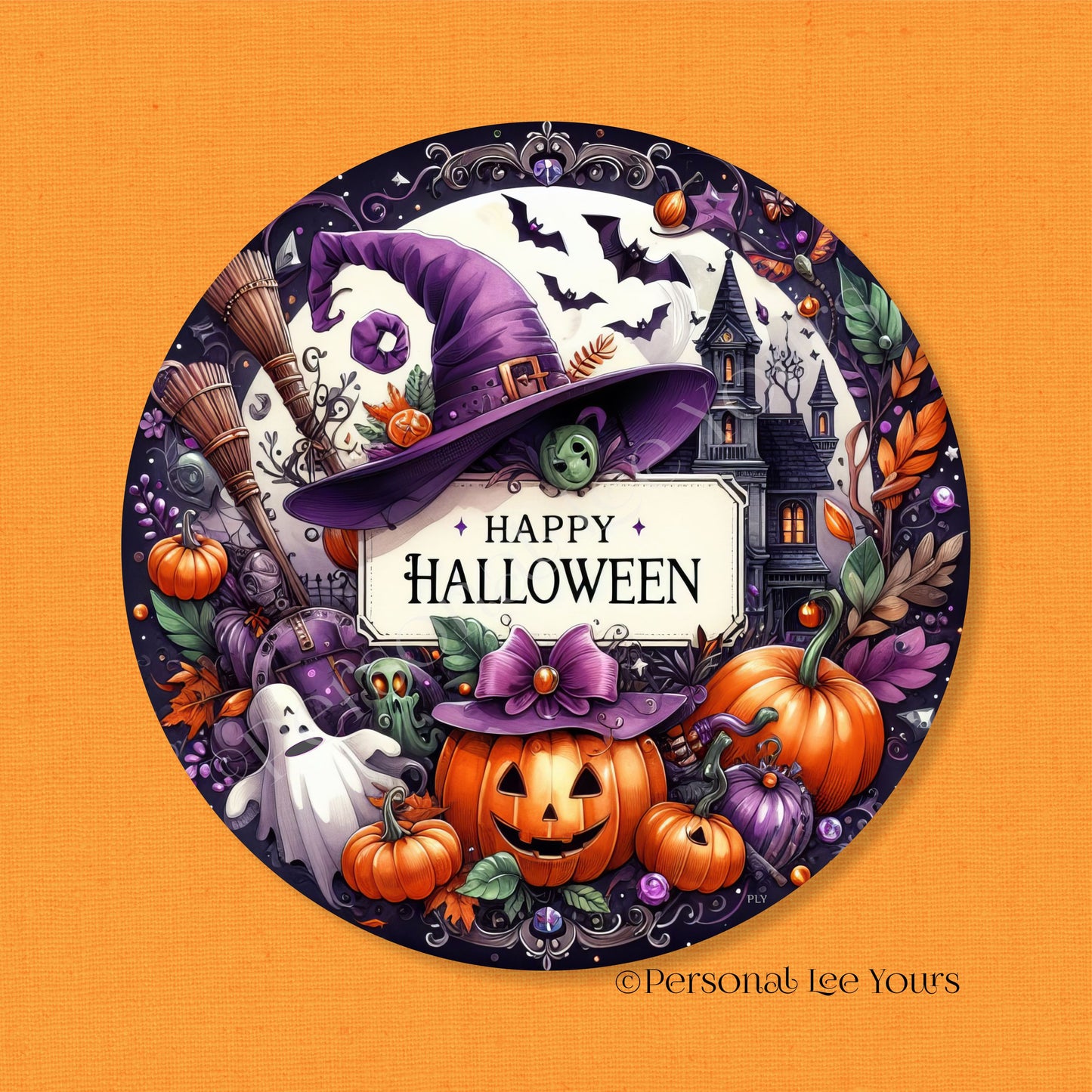 Wreath Sign * Happy Halloween Witch's Hat * Round * Lightweight Metal