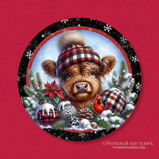 Holiday Wreath Sign * Highland Cow, Snowy Christmas * Round * Lightweight Metal