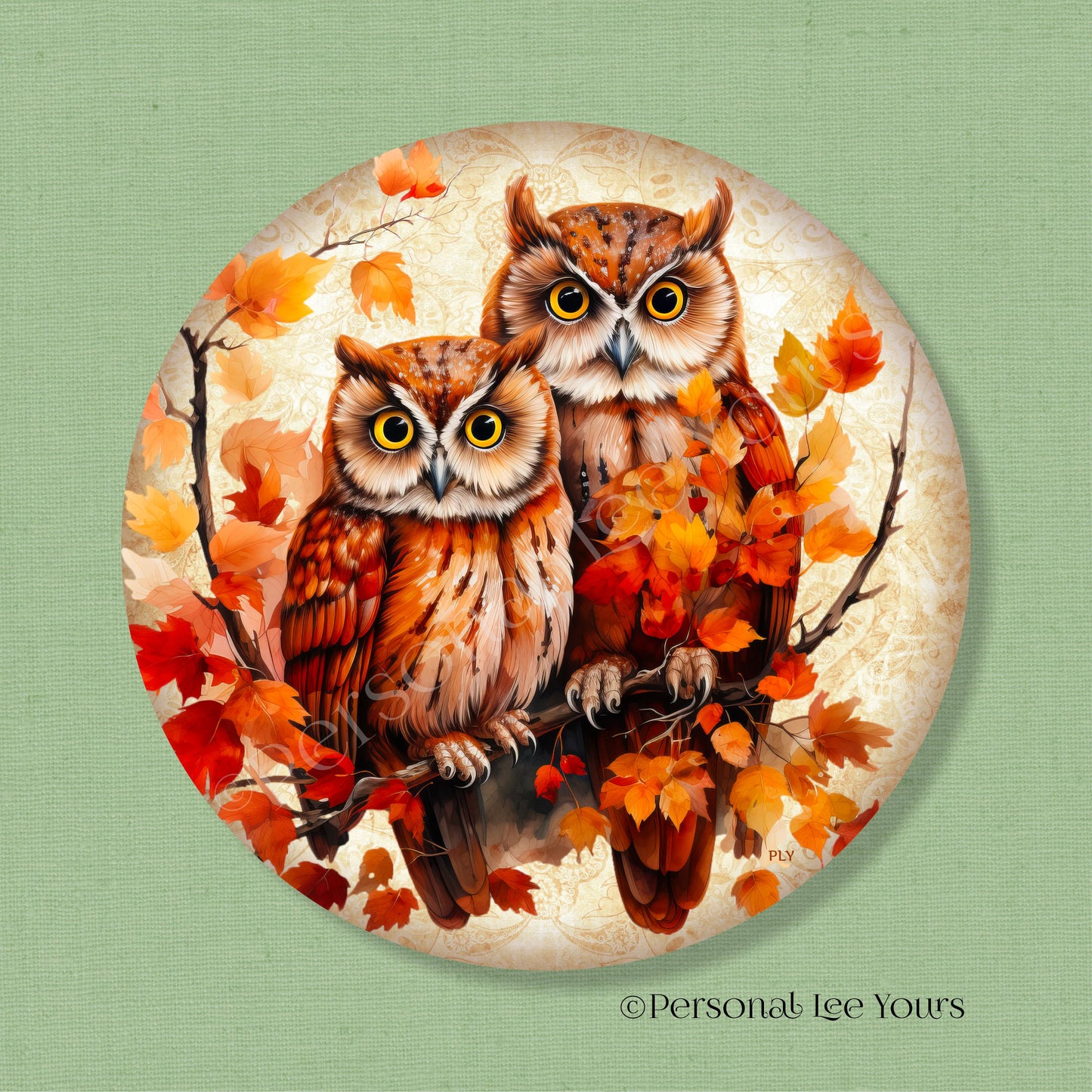 Wreath Sign * Horned Owls in Autumn * Round * Lightweight Metal