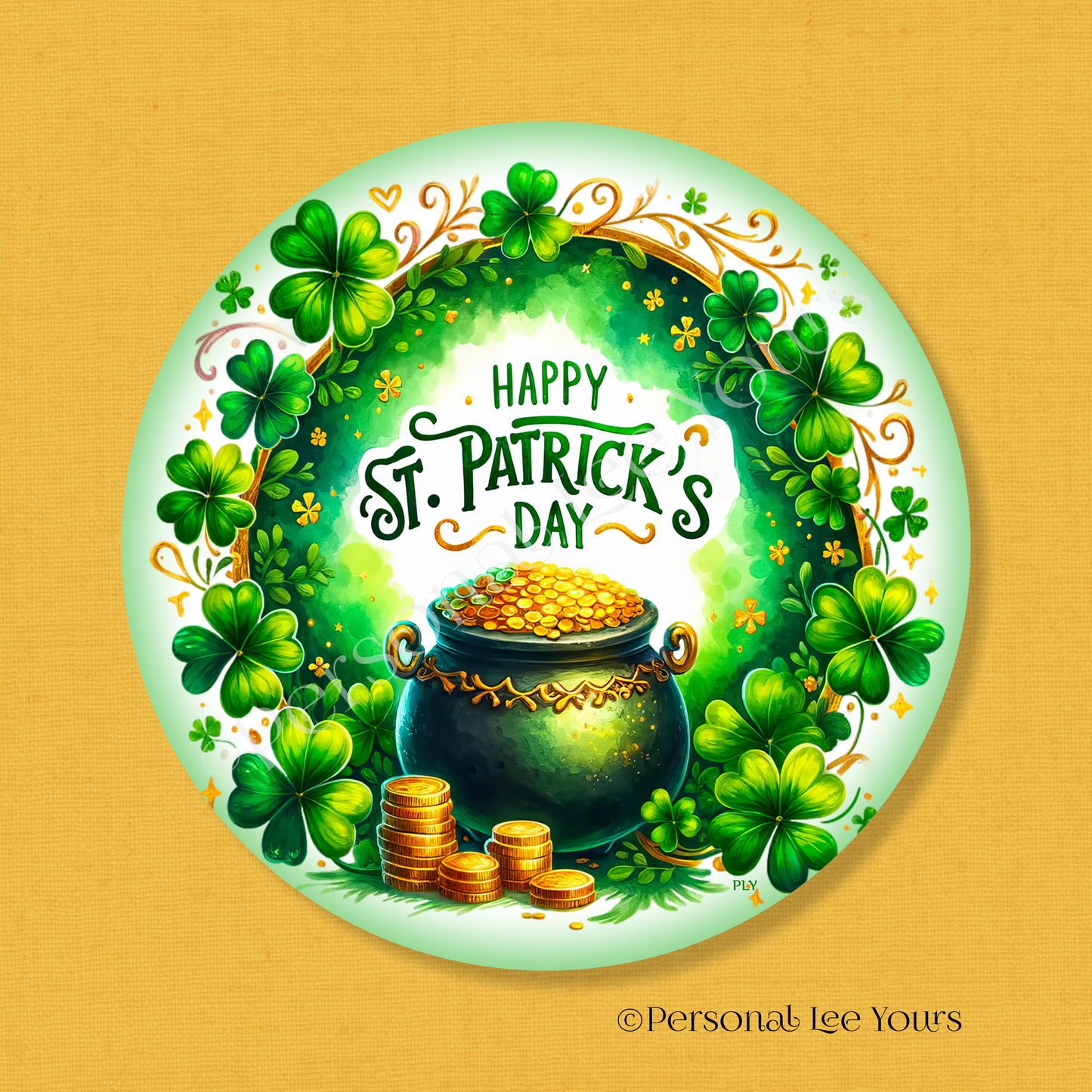 Wreath Sign * Happy St. Patrick's Day * Pot O' Gold * Round * Lightweight Metal