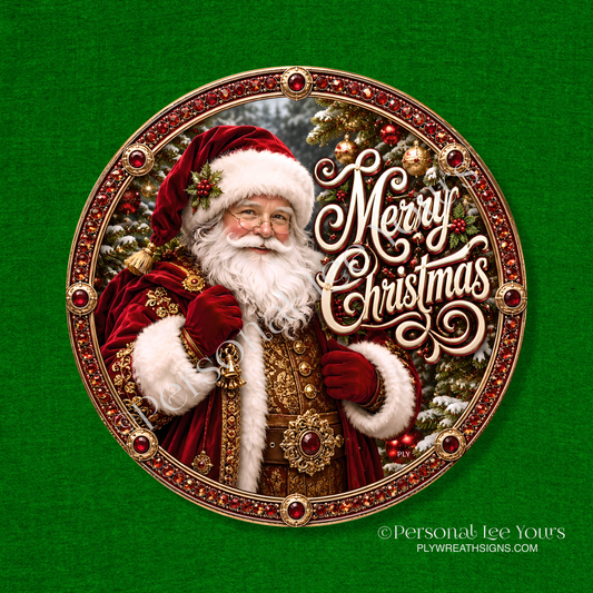 Wreath Sign * Jeweled Santa Merry Christmas  * Round * Lightweight Metal