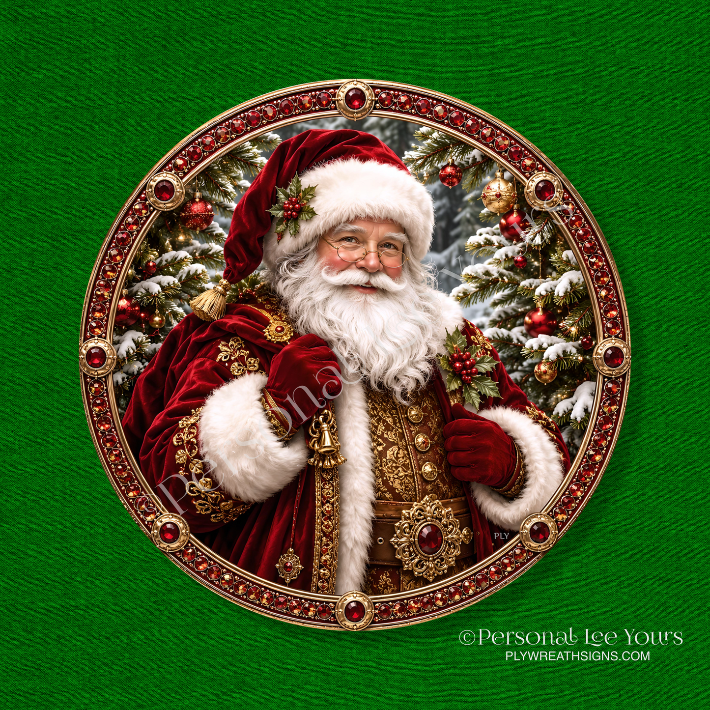 Wreath Sign * Jeweled Santa No Text  * Round * Lightweight Metal