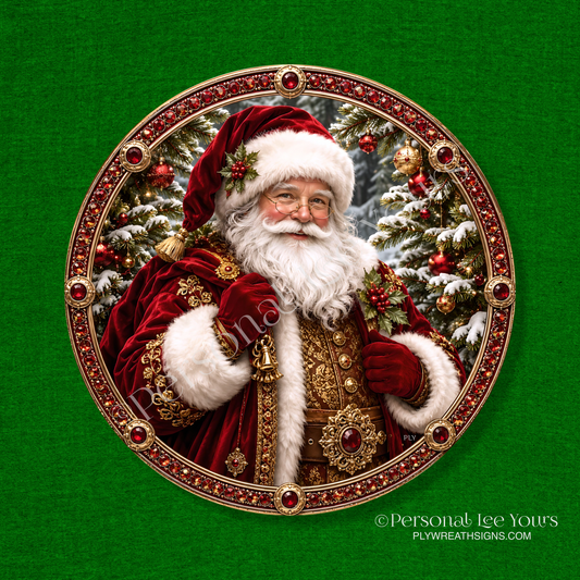 Wreath Sign * Jeweled Santa No Text  * Round * Lightweight Metal