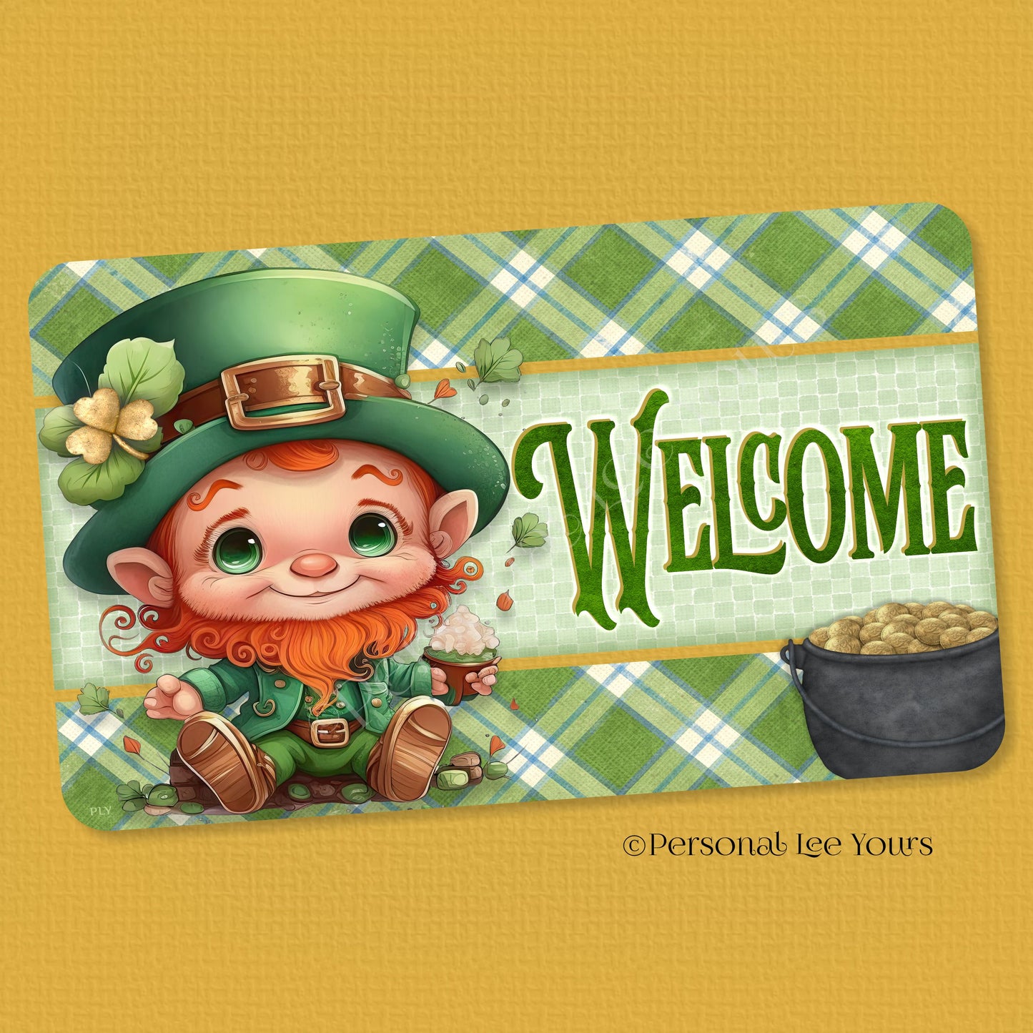 St. Patrick's Day Metal Wreath Sign * Leprechaun Welcome * Horizontal * Lightweight