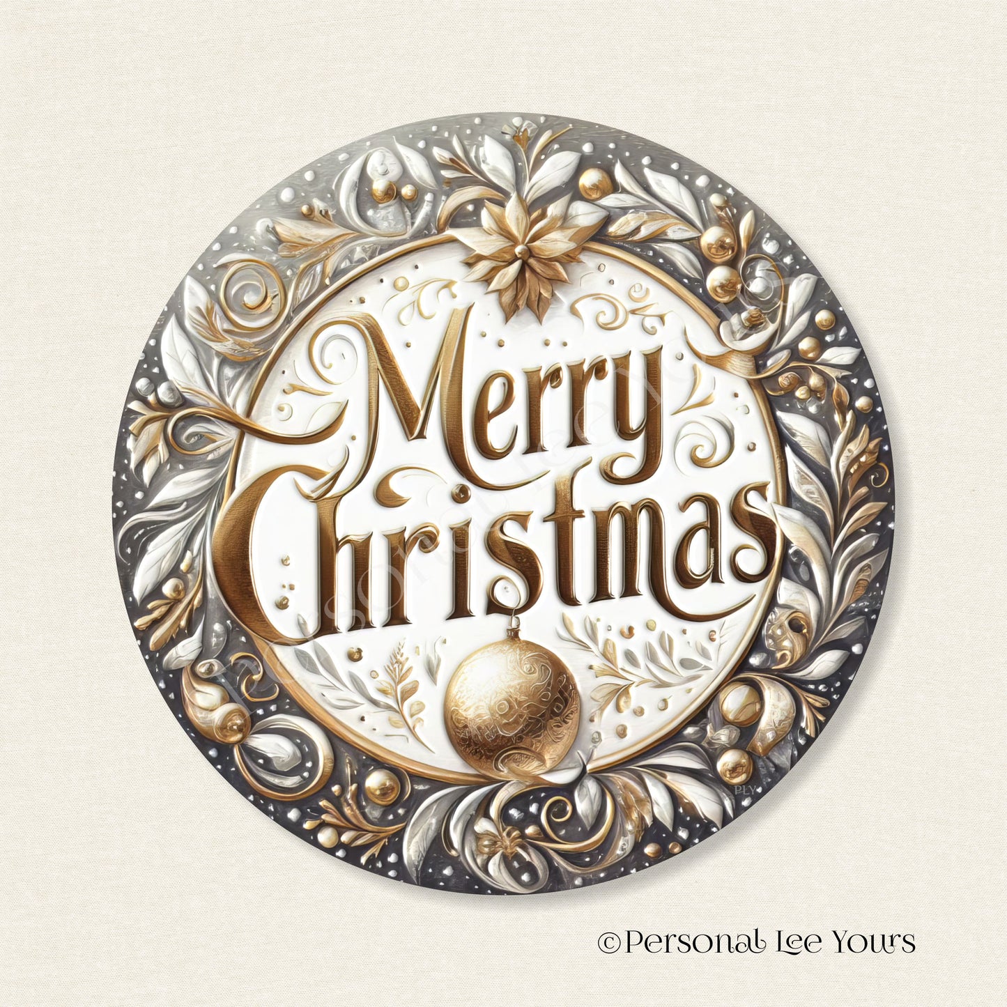 Holiday Wreath Sign * Merry Christmas, Gold And Silver * Round * Lightweight Metal