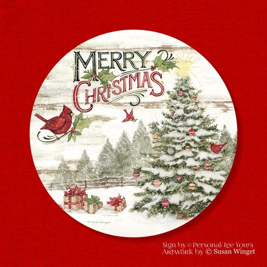 Susan Winget Exclusive Sign * Merry Christmas Vintage Tree * Round * Lightweight Metal