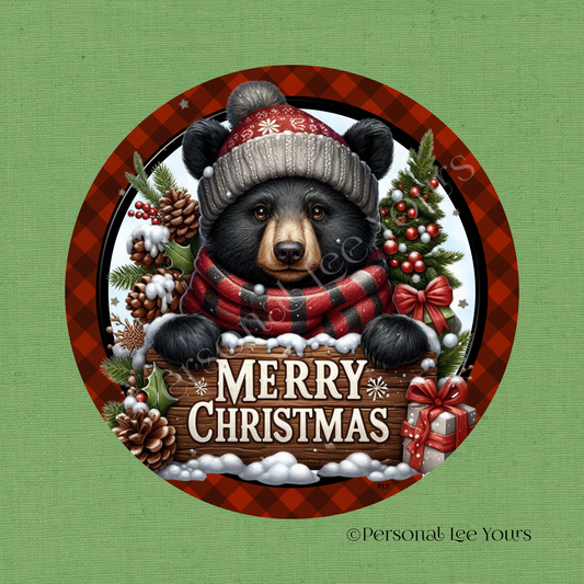 Holiday Wreath Sign * Merry Christmas, Black Bear * Round * Lightweight Metal