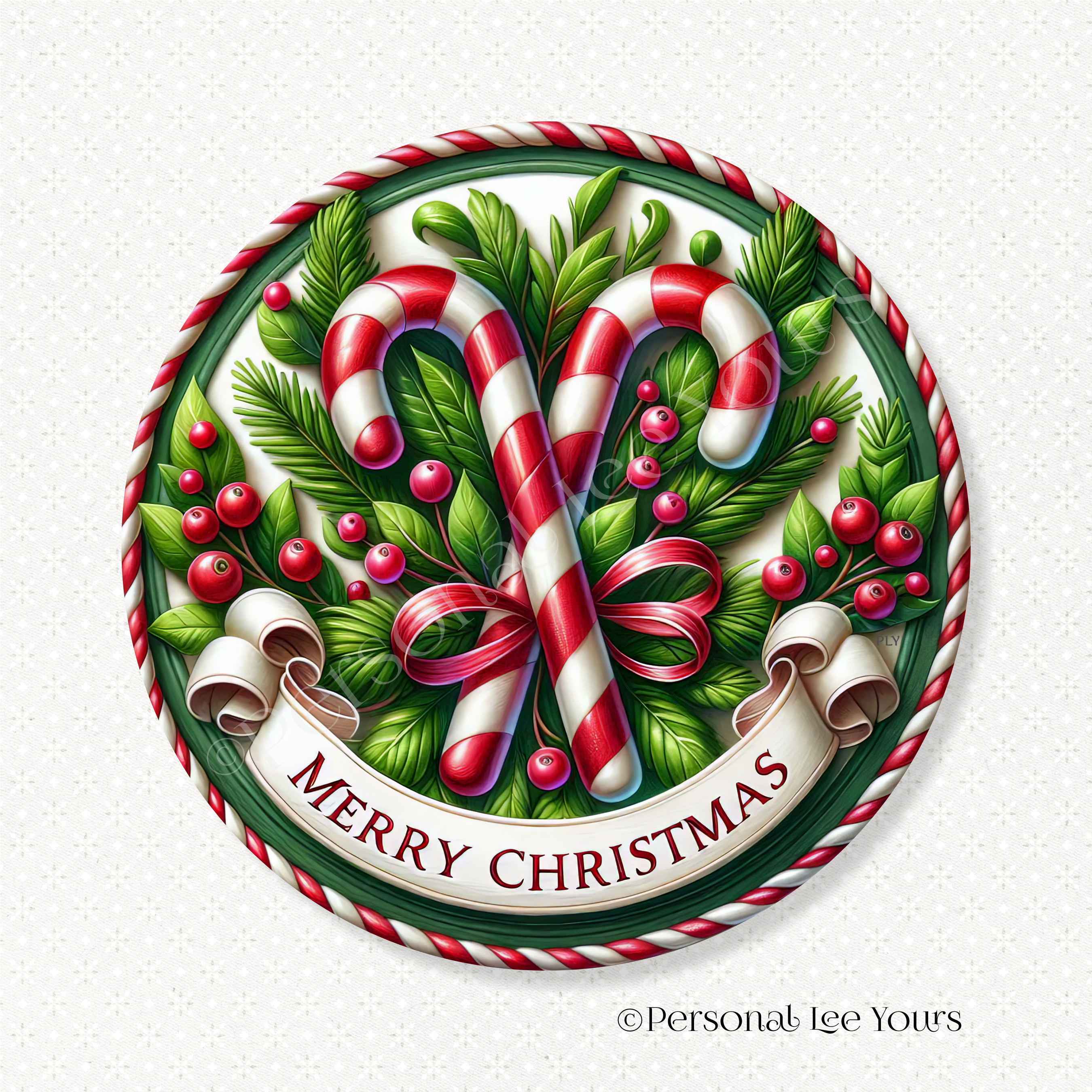 Personal Lee Yours Wreath Signs, Merry Christmas Candy Canes, Round