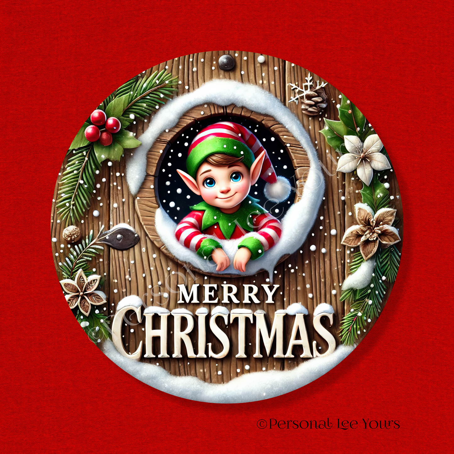 Holiday Wreath Sign * Merry Christmas Elf * Round * Lightweight Metal