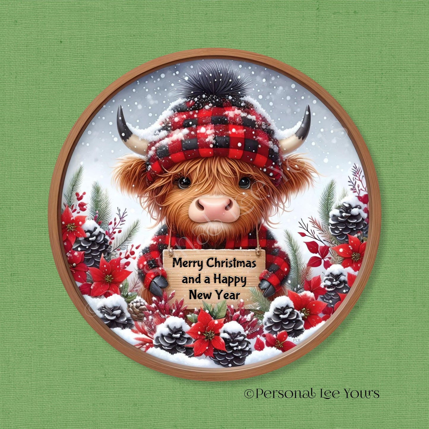 Holiday Wreath Sign * Merry Christmas and A Happy New Year, Highland Cow * Round * Lightweight Metal