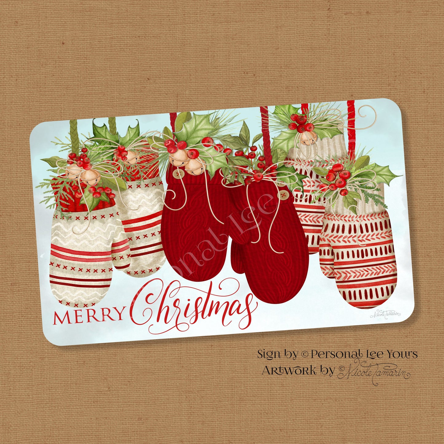 Nicole Tamarin Exclusive Sign * Merry Christmas Mittens * Horizontal * 4 Sizes * Lightweight Metal