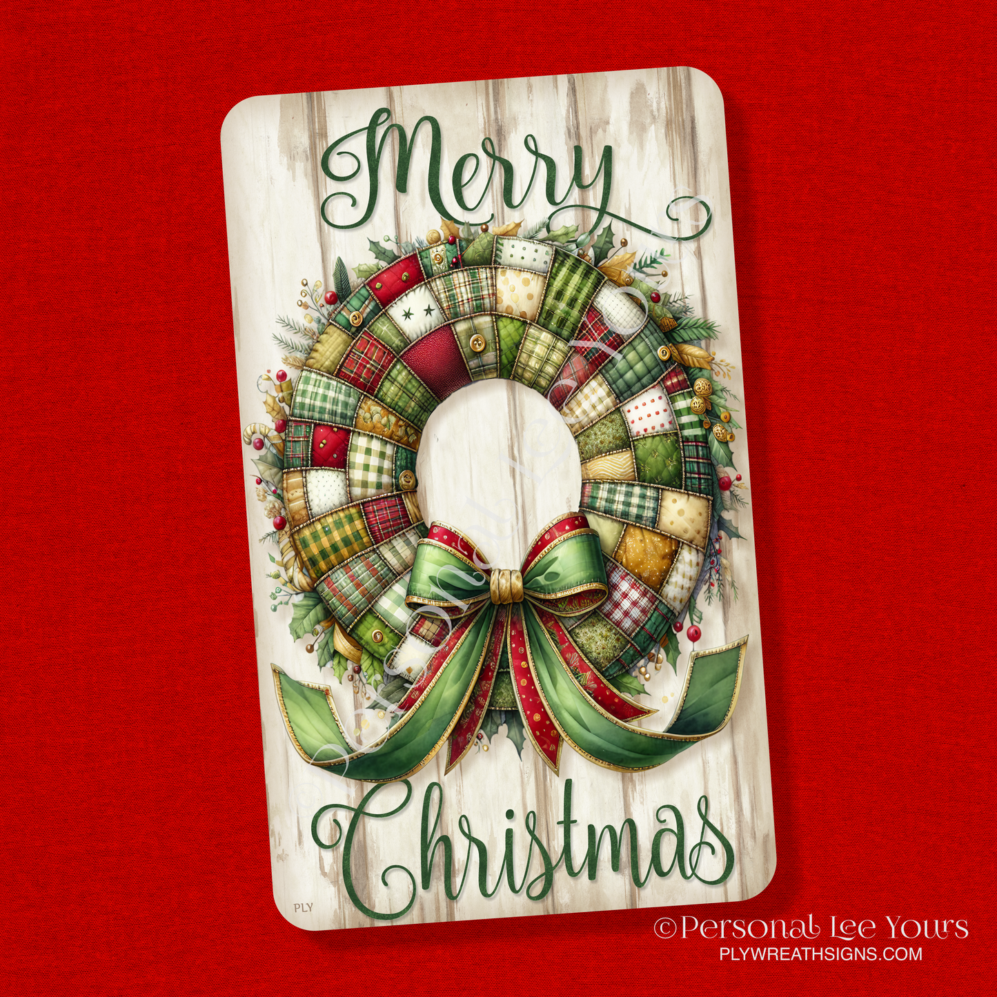 Wreath Sign * Merry Christmas, Patchwork Wreath * Vertical * 3 Sizes * Lightweight Metal