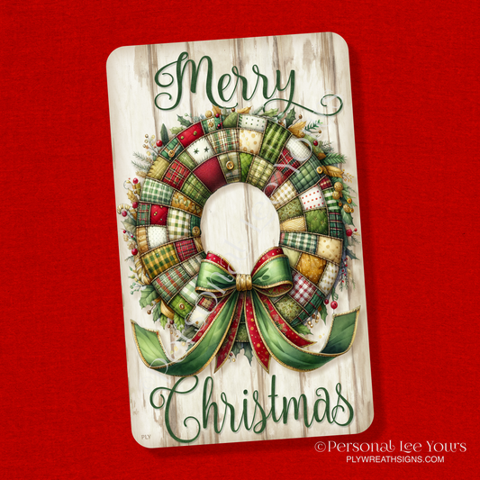 Wreath Sign * Merry Christmas, Patchwork Wreath * Vertical * 3 Sizes * Lightweight Metal