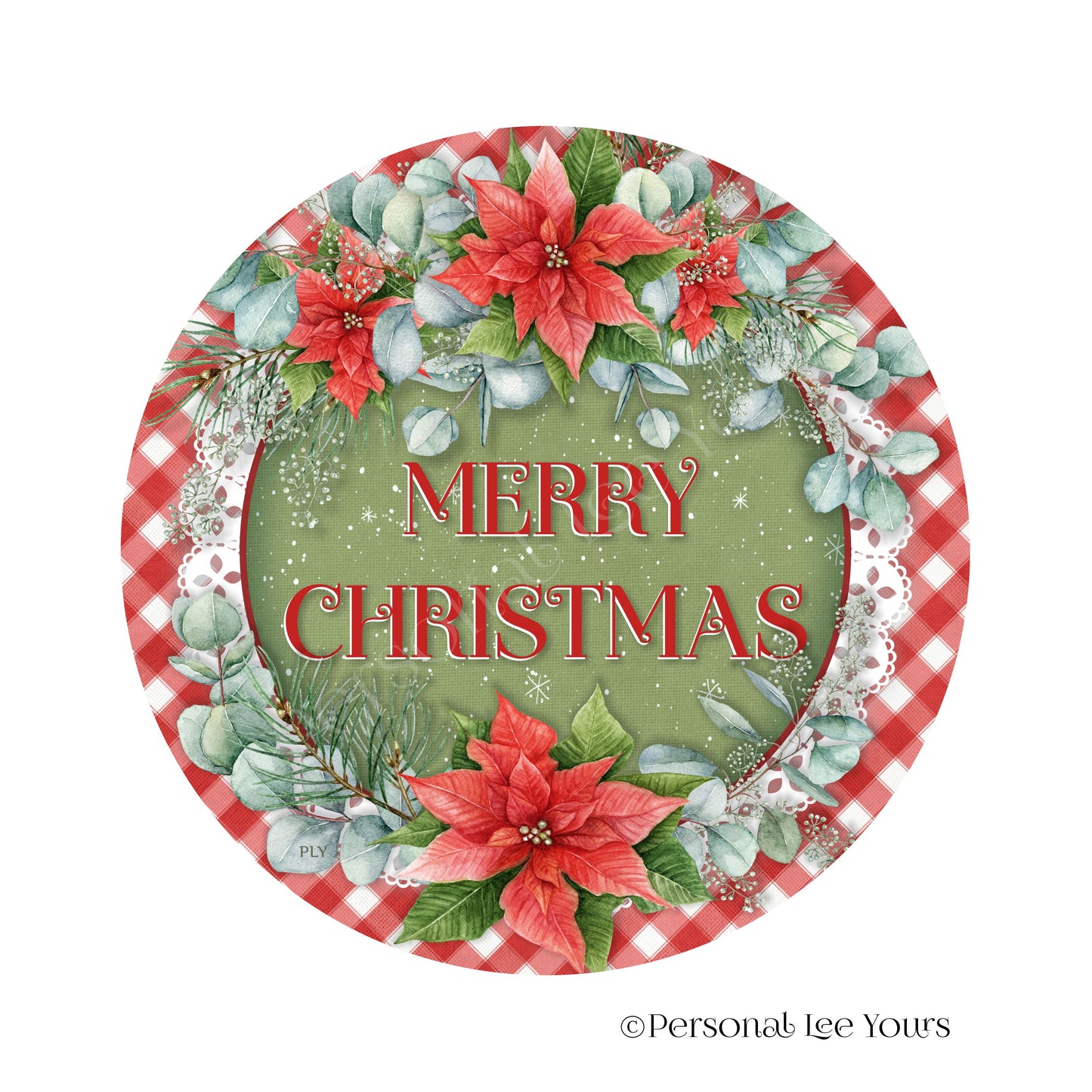 Holiday Wreath Sign * Merry Christmas, Red Poinsettias * Round * Lightweight Metal