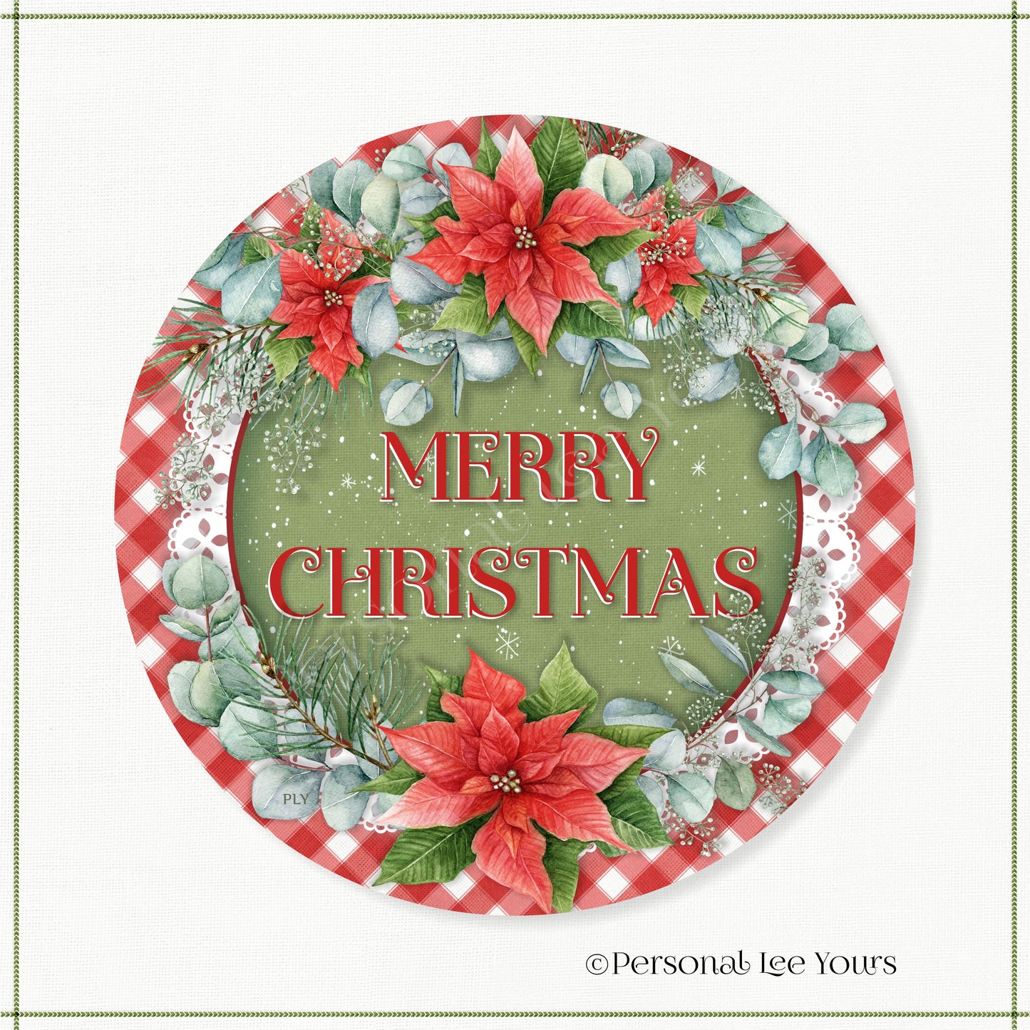 Holiday Wreath Sign * Merry Christmas, Red Poinsettias * Round * Lightweight Metal