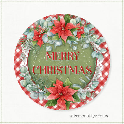 Holiday Wreath Sign * Merry Christmas, Red Poinsettias * Round * Lightweight Metal