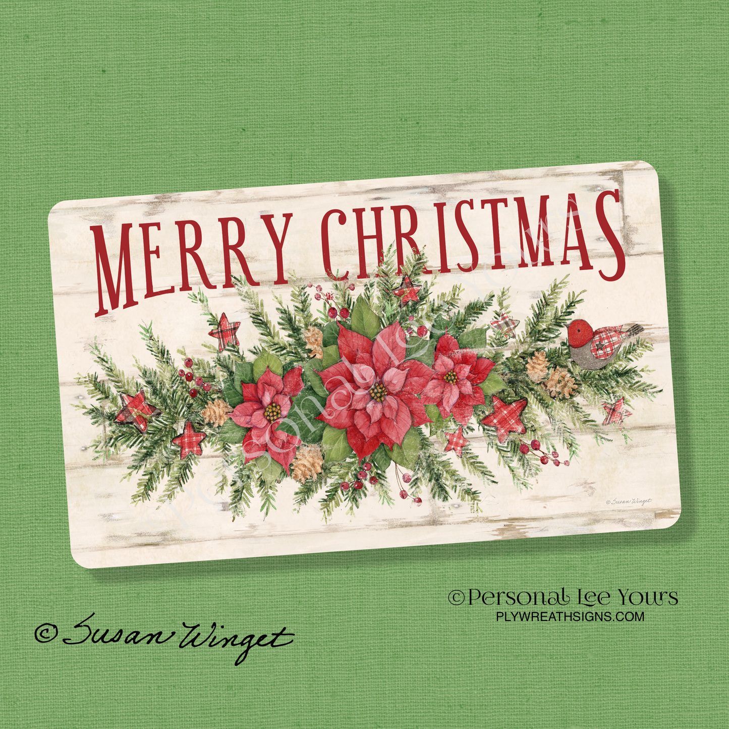 Susan Winget Exclusive Sign * Merry Christmas Poinsettia Swag * Horizontal * 3 Sizes * Lightweight Metal