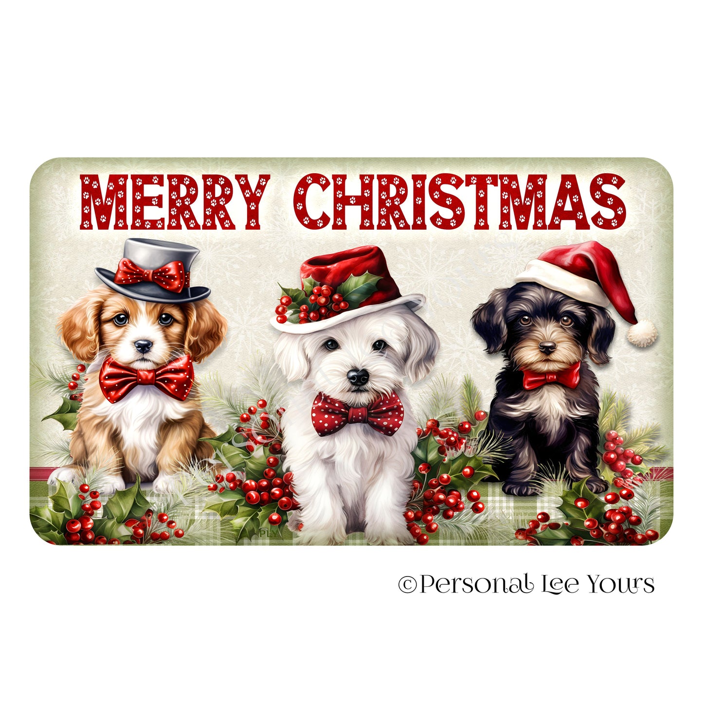 Holiday Wreath Sign * Merry Christmas Puppies * Horizontal * 4 Sizes * Lightweight Metal