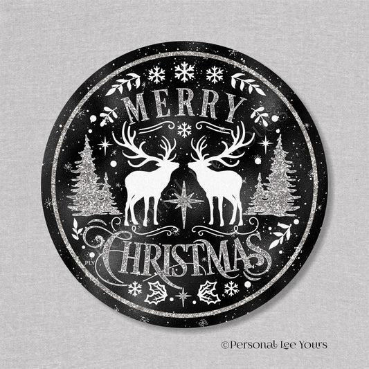 Holiday Wreath Sign * Merry Christmas Reindeers * Black * Round * Lightweight Metal